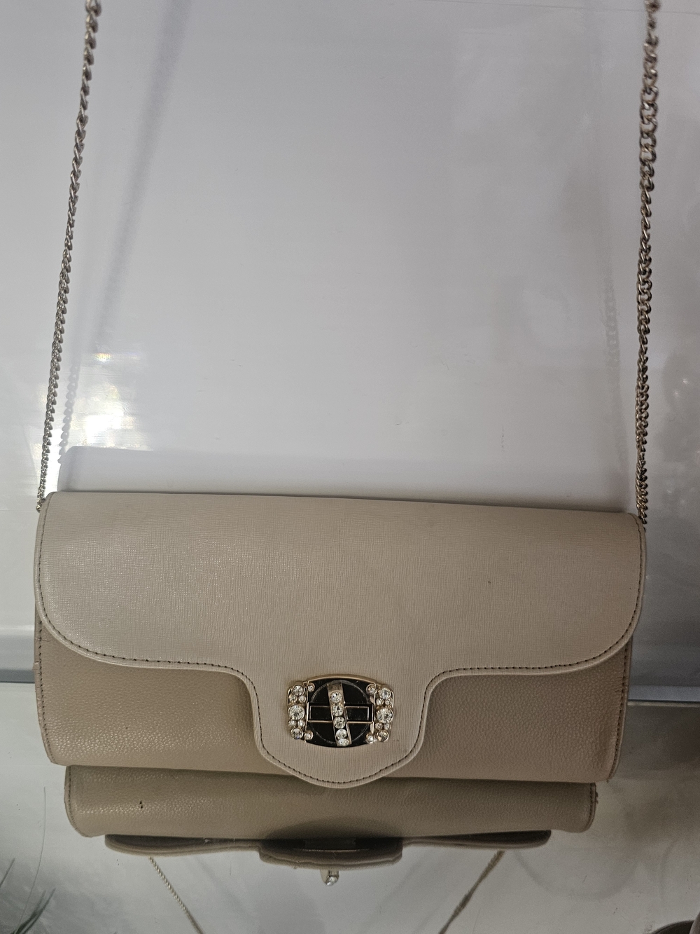 Charming Charlie Beige Leather Like Crossbody with Gold Rhinestone Turn-Lock